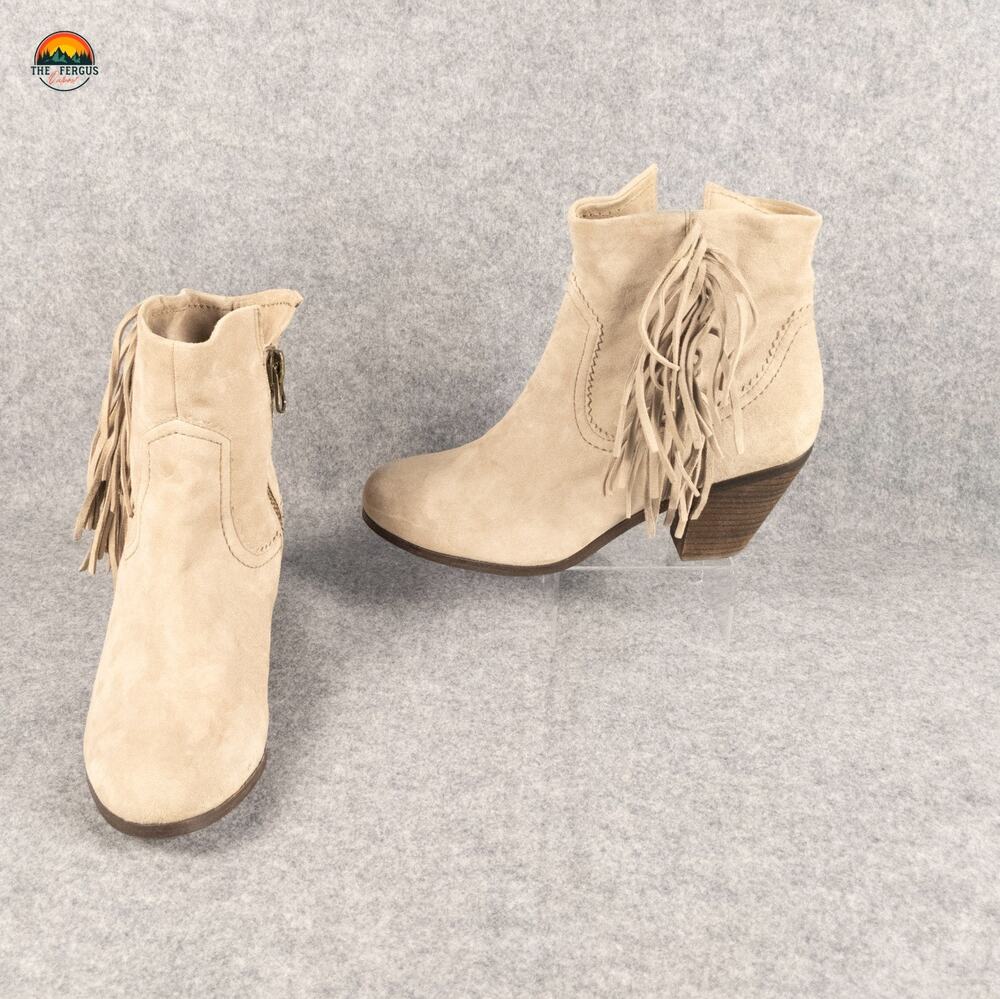 Sam Edelman Louie Ankle Boots Beige Cuban Heel Fringe Western Boho Women's 10M